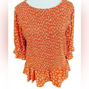 Melloday Smocked Peplum Top Floral Ruffle Sleeve Blouse Orange/white Size L